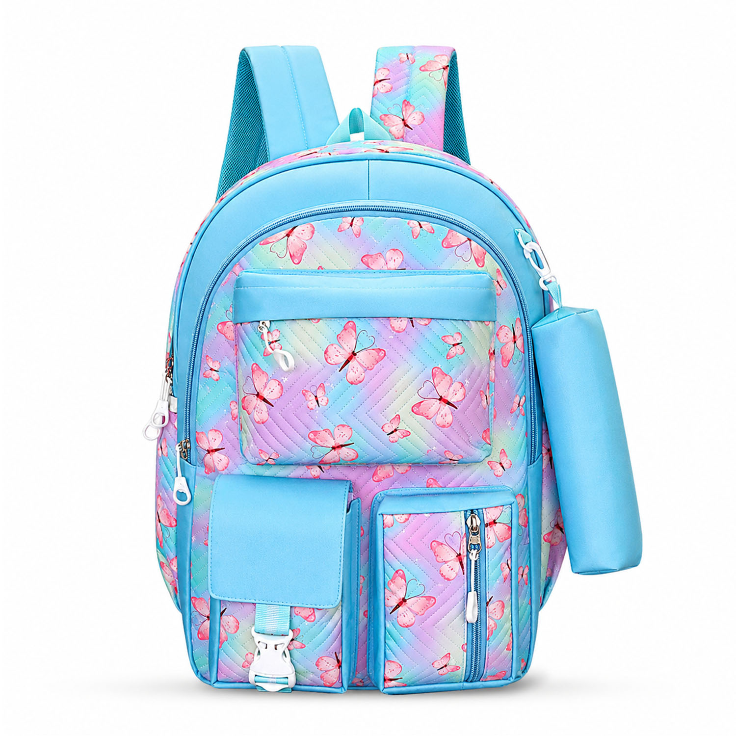 Cute Blue Kids printed School Backpack | 30L Capacity Multi Pocket School Bag for Girls with Pouch