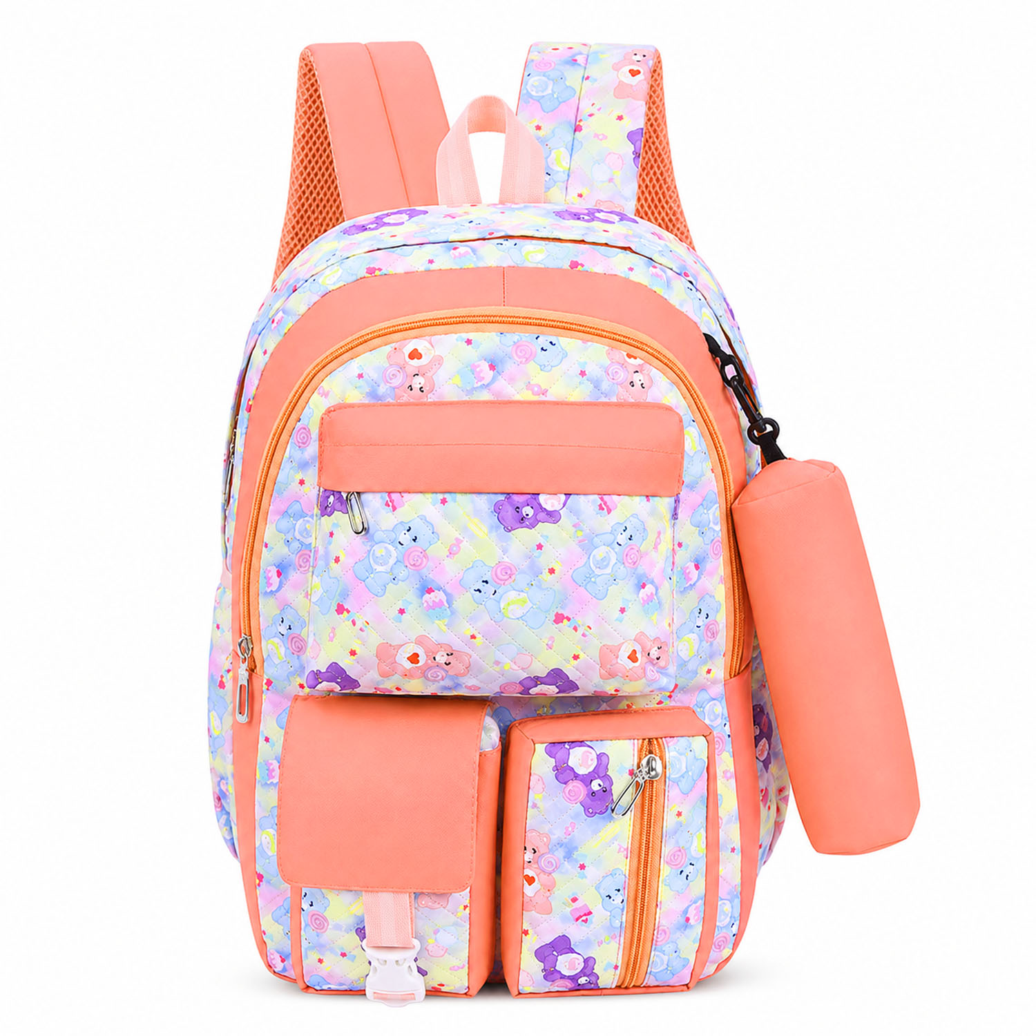 Cute Peach Kids printed School Backpack | 30L Capacity Multi Pocket School Bag for Girls with Pouch