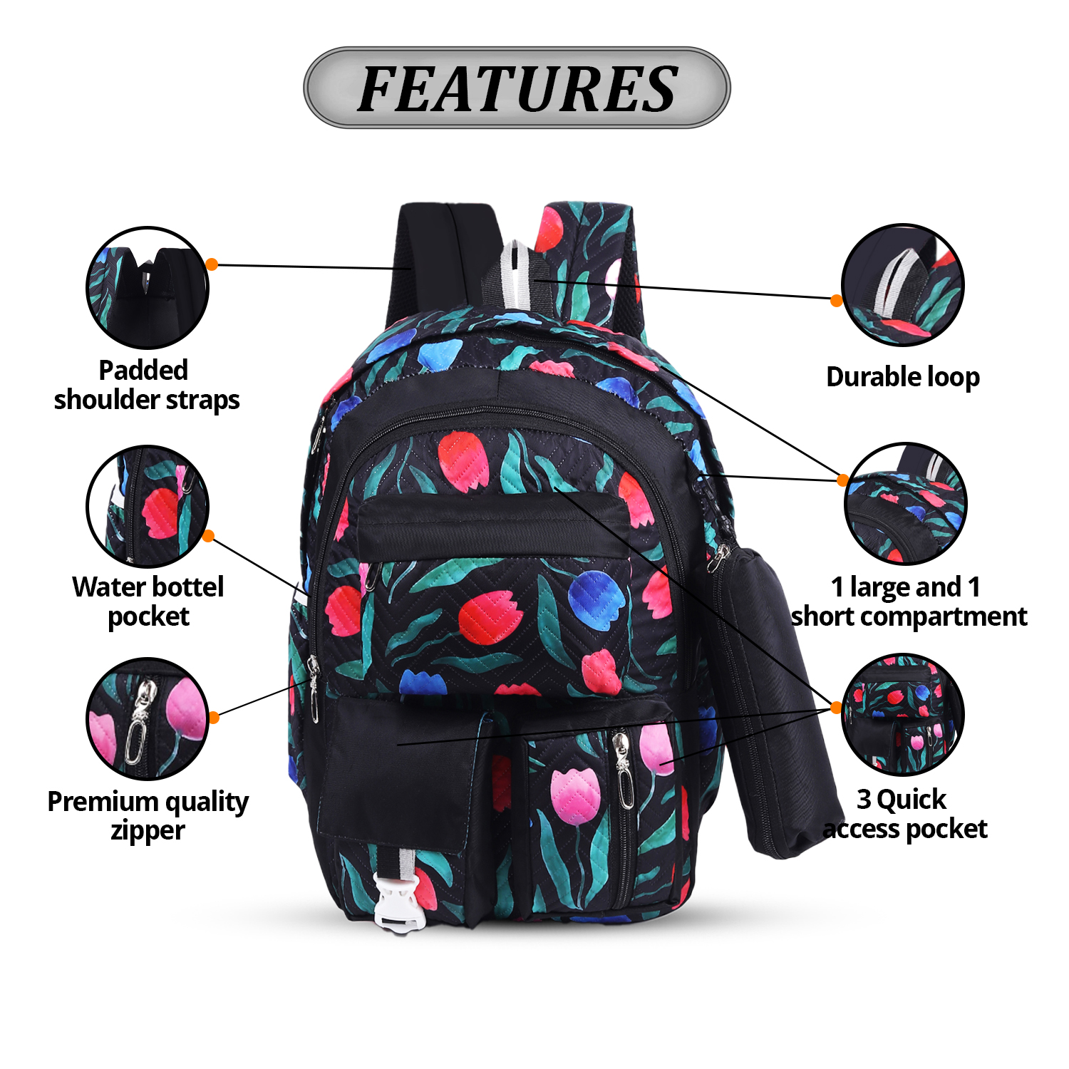 Cute Black Kids printed School Backpack | 30L Capacity Multi Pocket School Bag for Girls with Pouch view 5