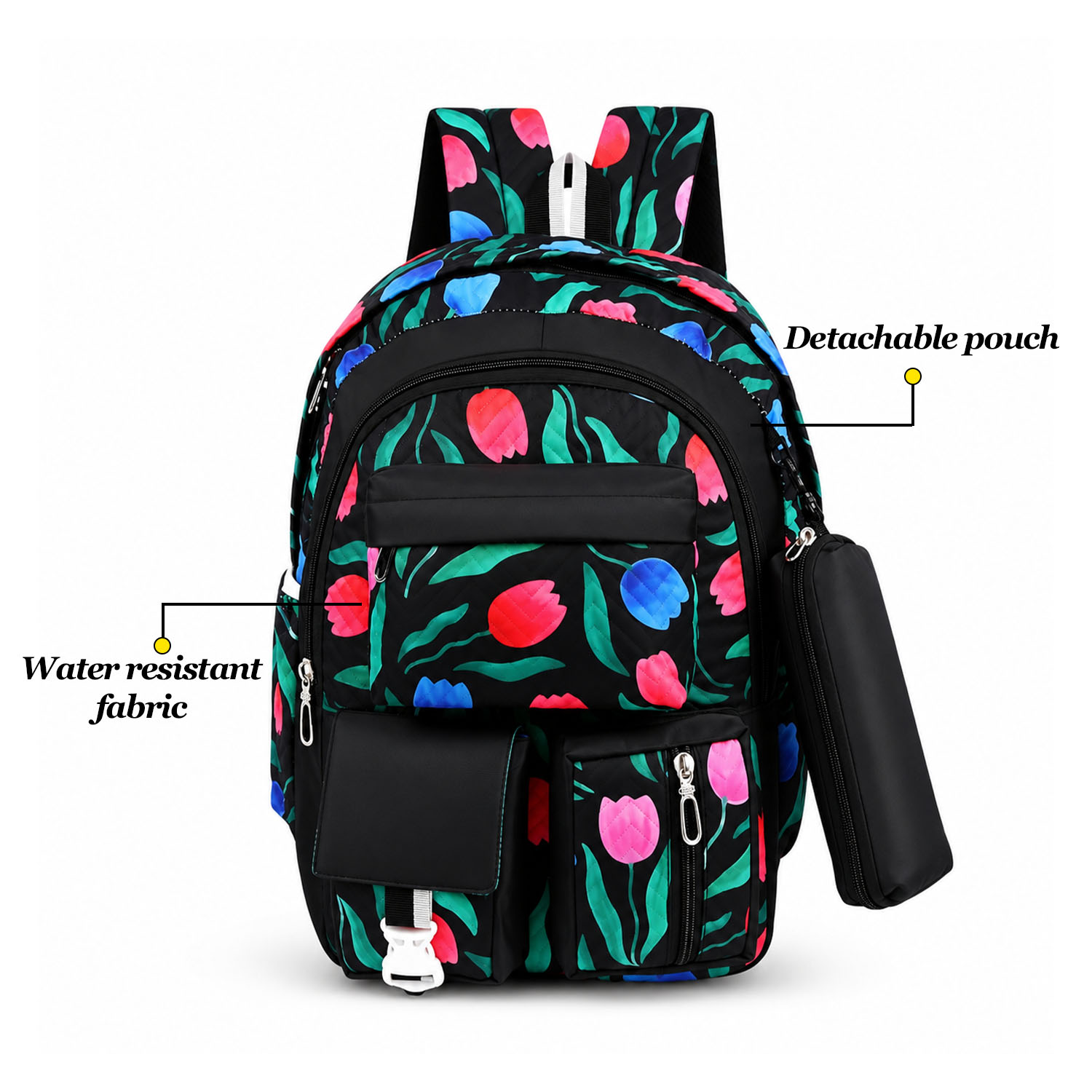 Cute Black Kids printed School Backpack | 30L Capacity Multi Pocket School Bag for Girls with Pouch view 3