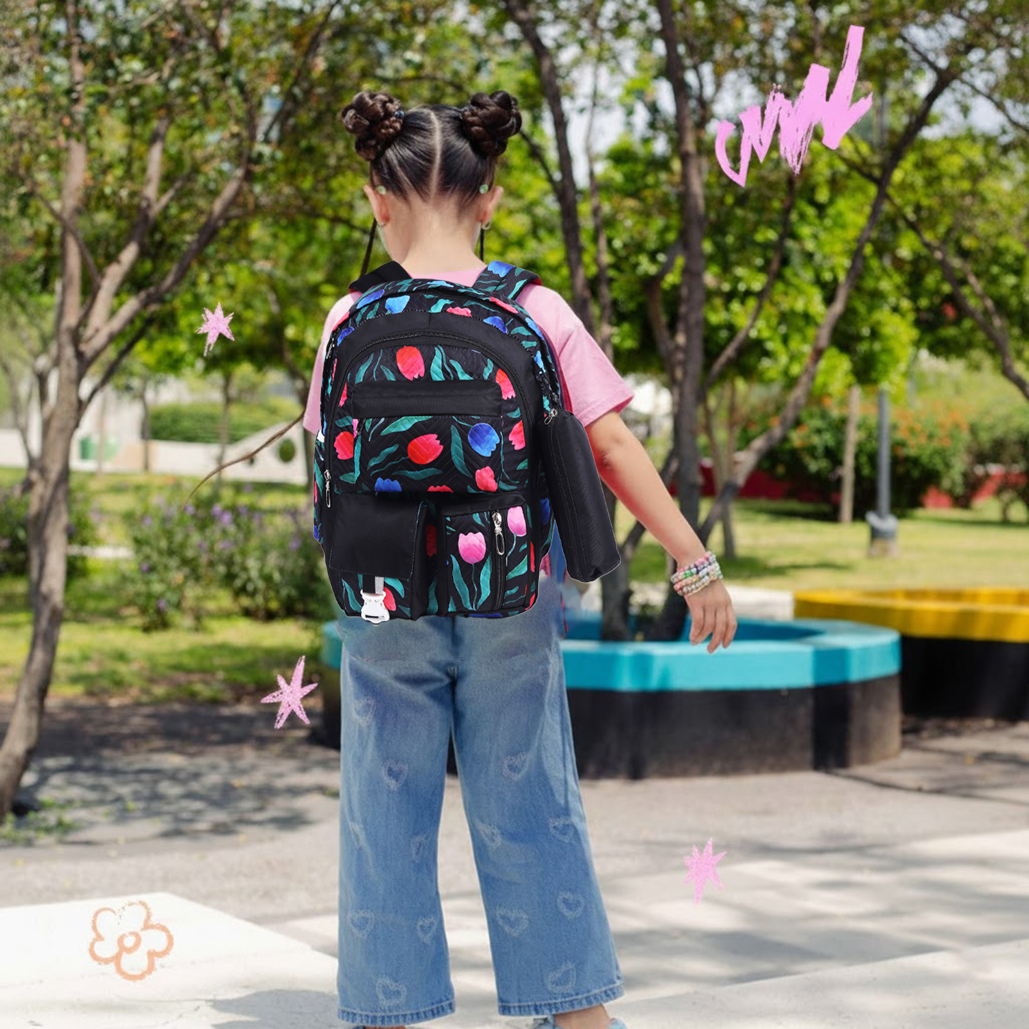 Cute Black Kids printed School Backpack | 30L Capacity Multi Pocket School Bag for Girls with Pouch view 7