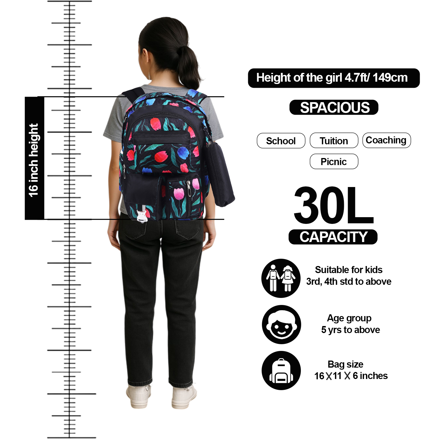 Cute Black Kids printed School Backpack | 30L Capacity Multi Pocket School Bag for Girls with Pouch view 6